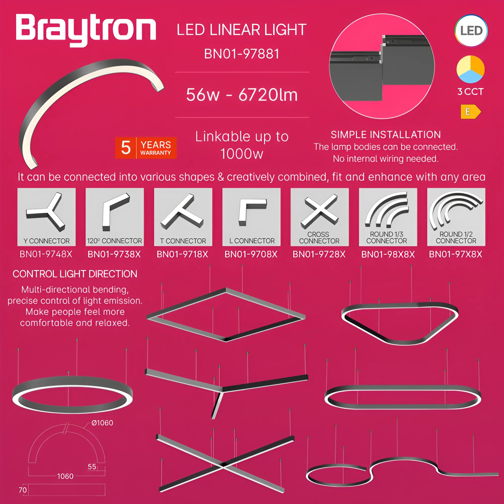 LED LINEARNA SVETILJKA POLUKRUG 56W CRNI CCT IP20 — slika 4