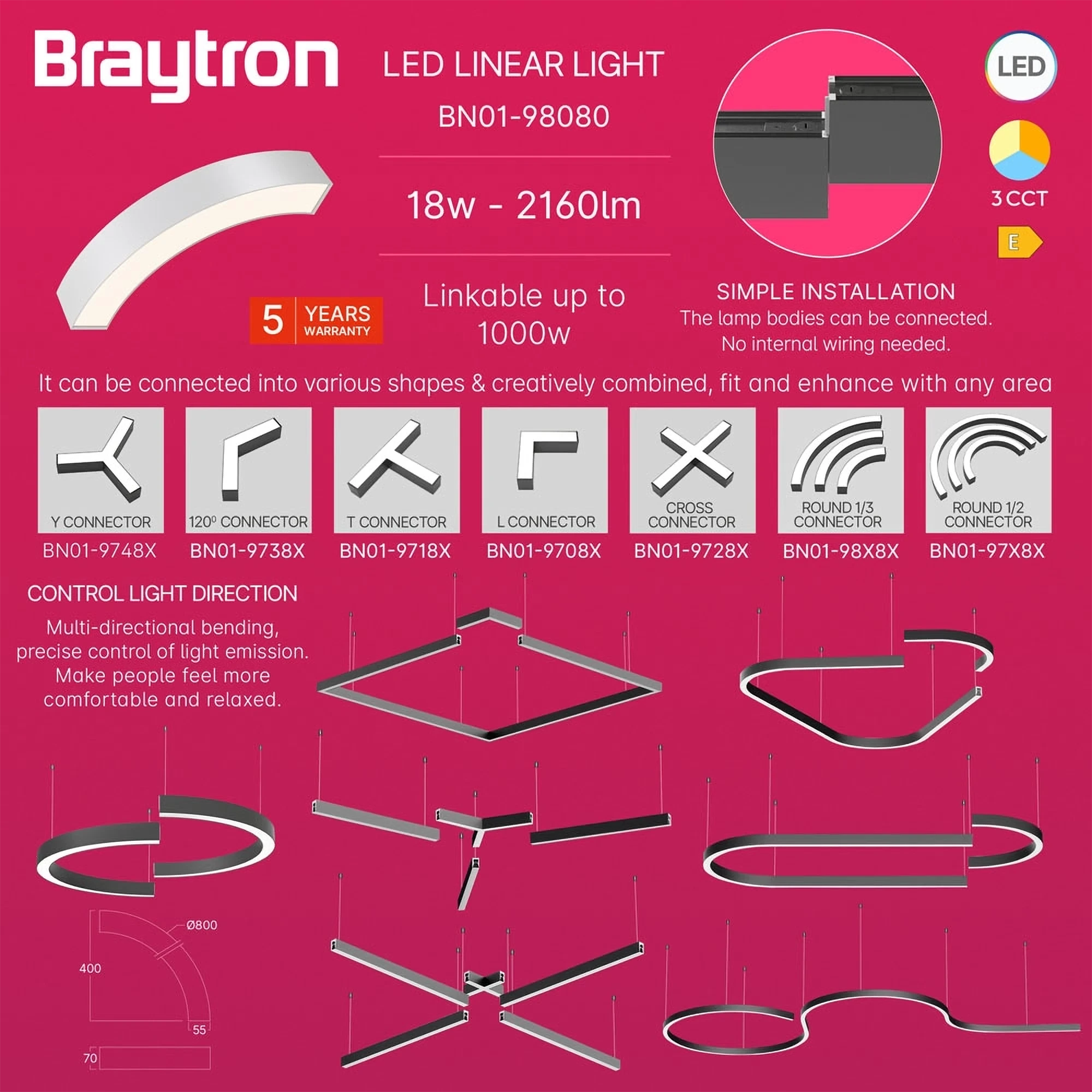 LED LINEARNA SVETILJKA CETVRT KRUGA 18W BELI CCT IP20 — slika 3