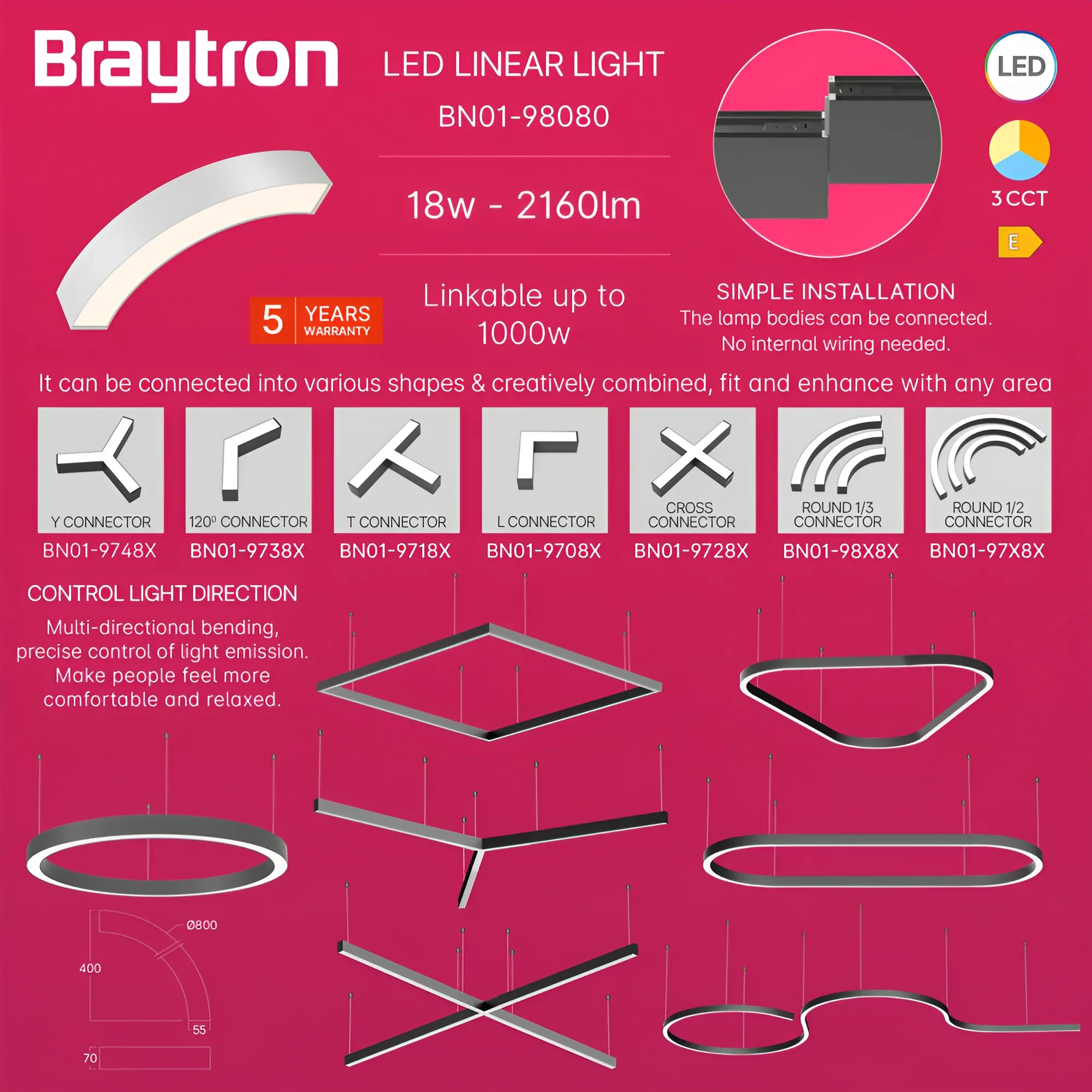LED LINEARNA SVETILJKA CETVRT KRUGA 18W BELI CCT IP20 — slika 4