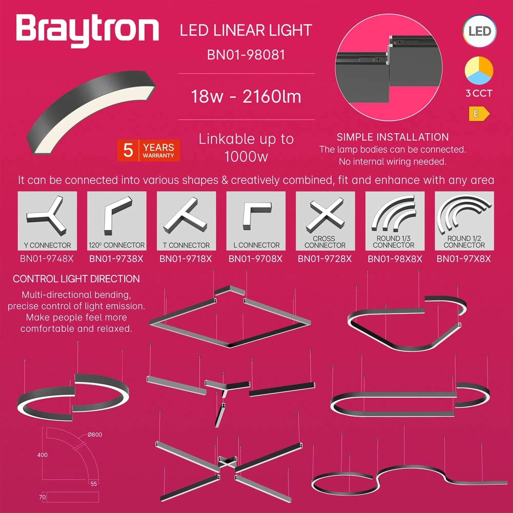 LED LINEARNA SVETILJKA CETVRT KRUGA 18W CRNI CCT IP20 — slika 3
