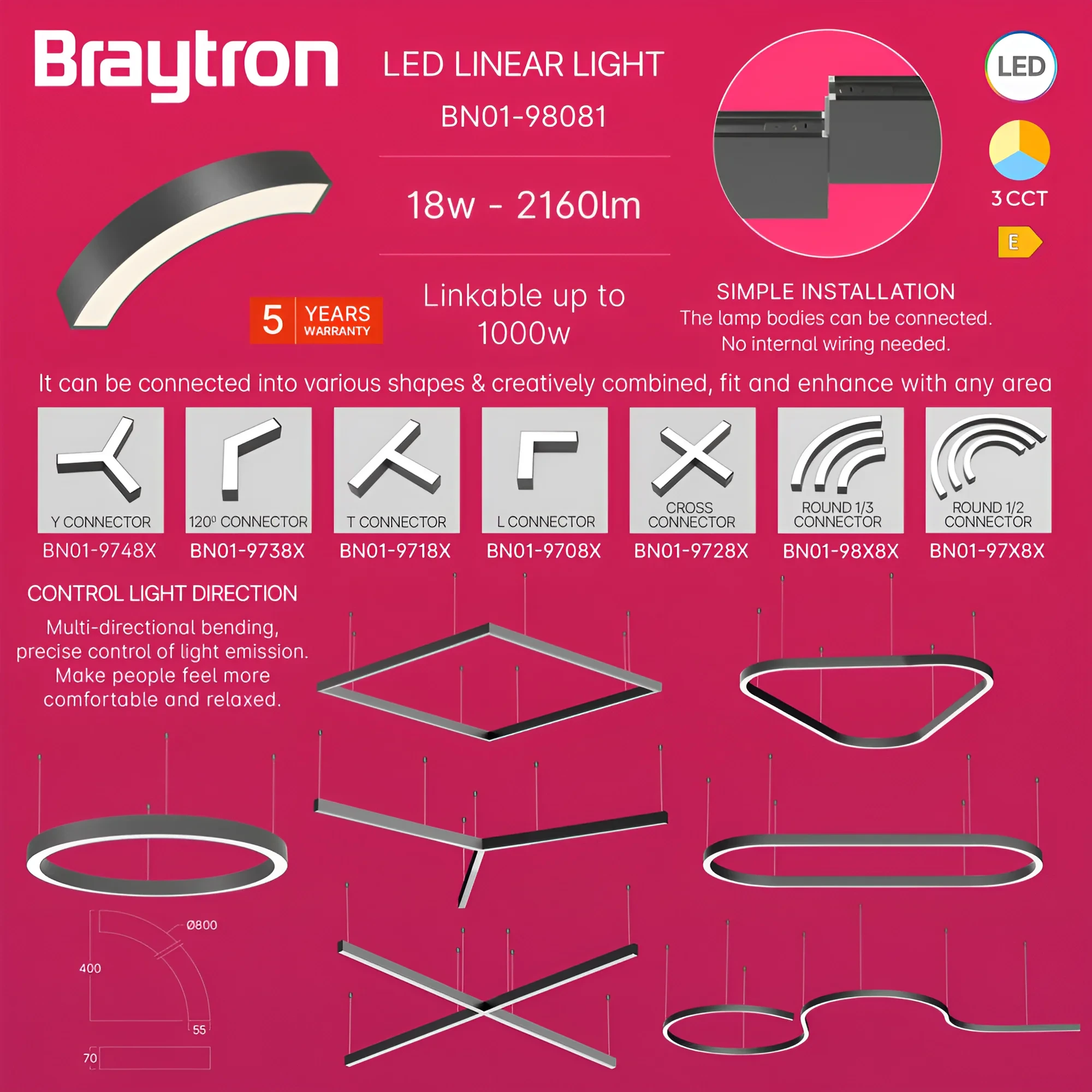 LED LINEARNA SVETILJKA CETVRT KRUGA 18W CRNI CCT IP20 — slika 4