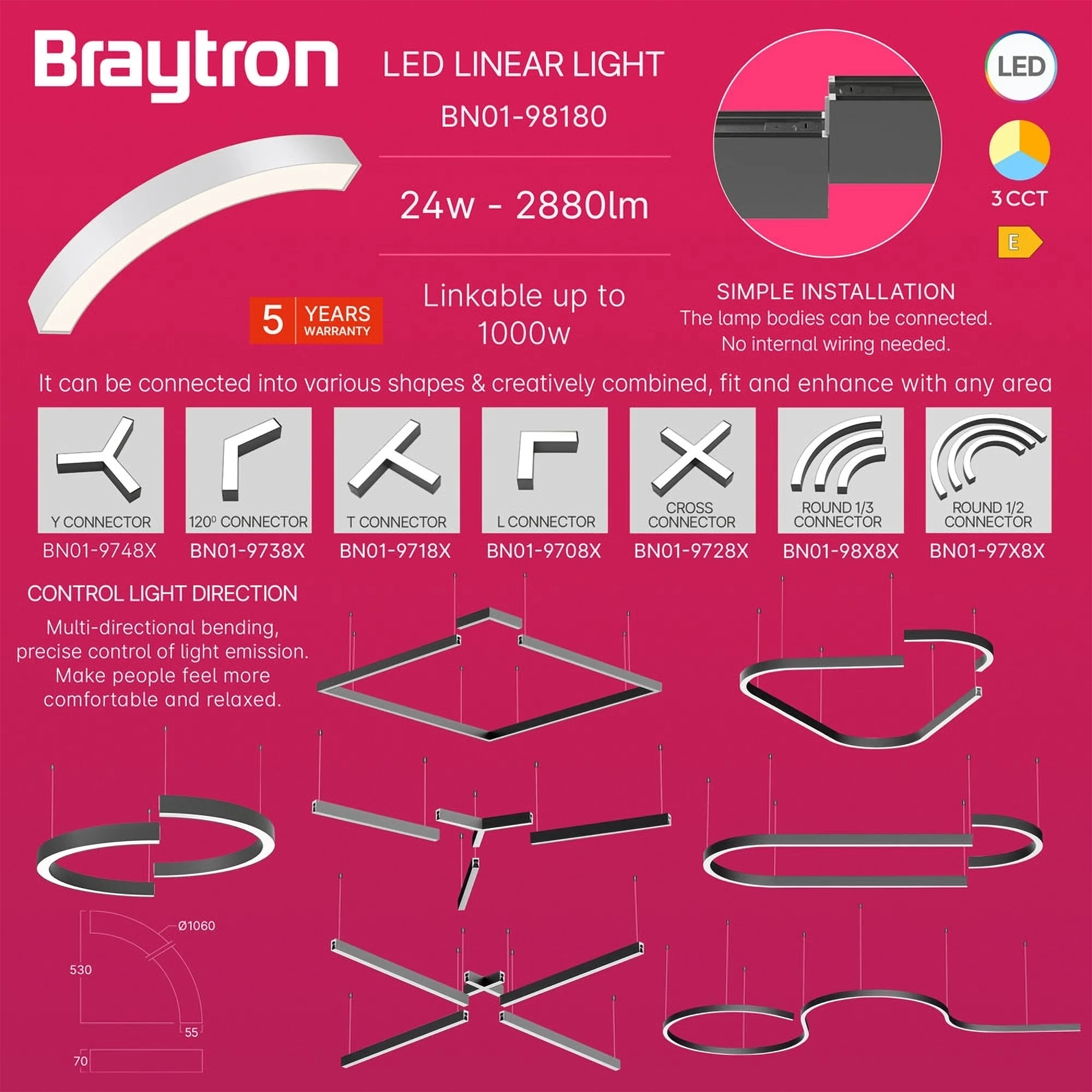 LED LINEARNA SVETILJKA CETVRT KRUGA 24W BELI CCT IP20 — slika 3