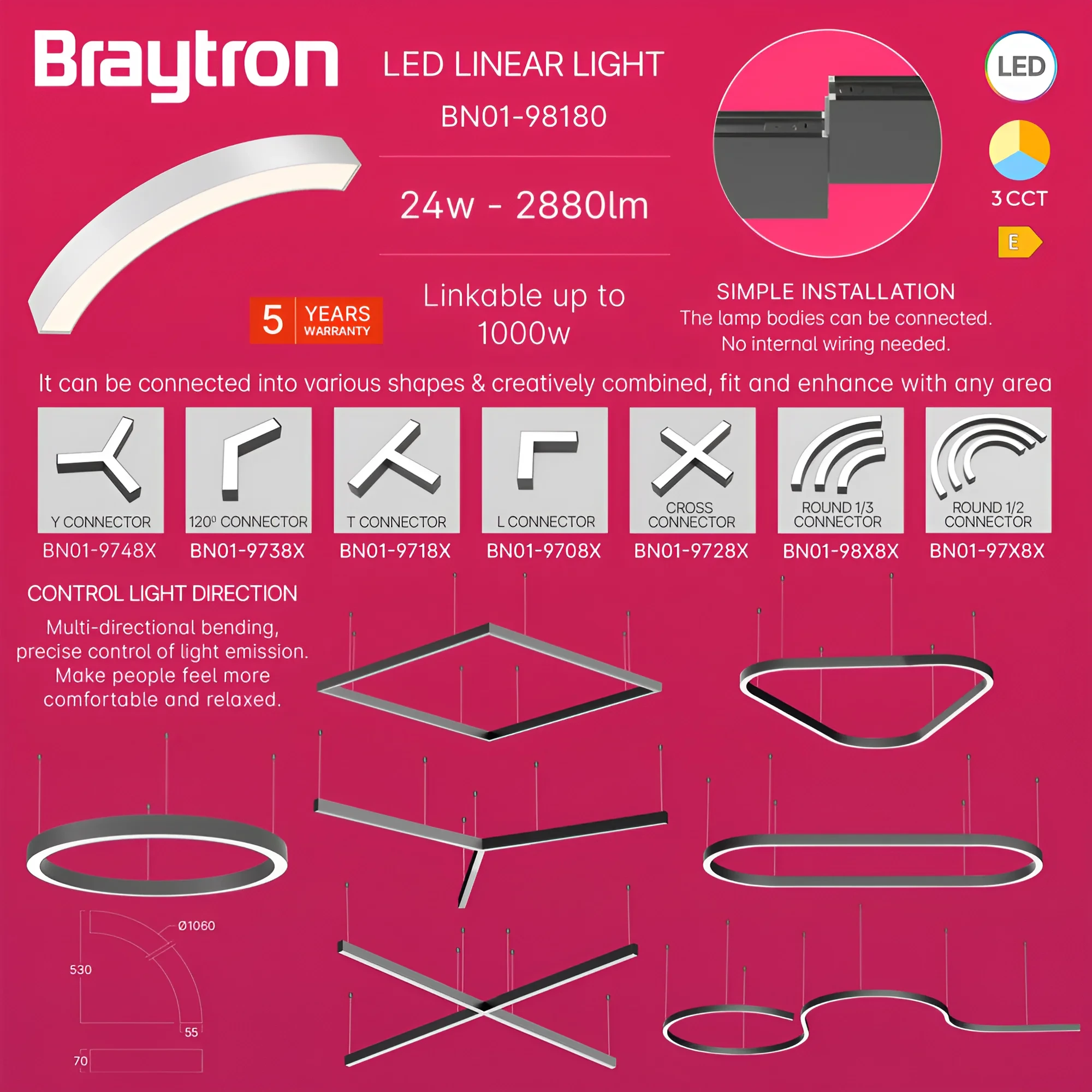 LED LINEARNA SVETILJKA CETVRT KRUGA 24W BELI CCT IP20 — slika 4