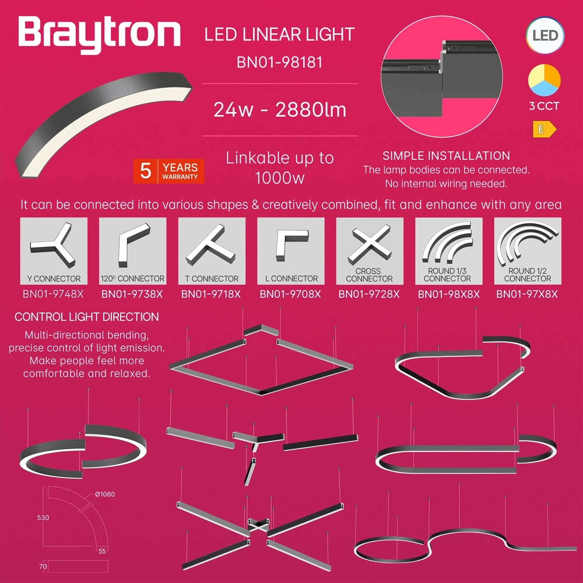 LED LINEARNA SVETILJKA CETVRT KRUGA 24W CRNI CCT IP20 — slika 3