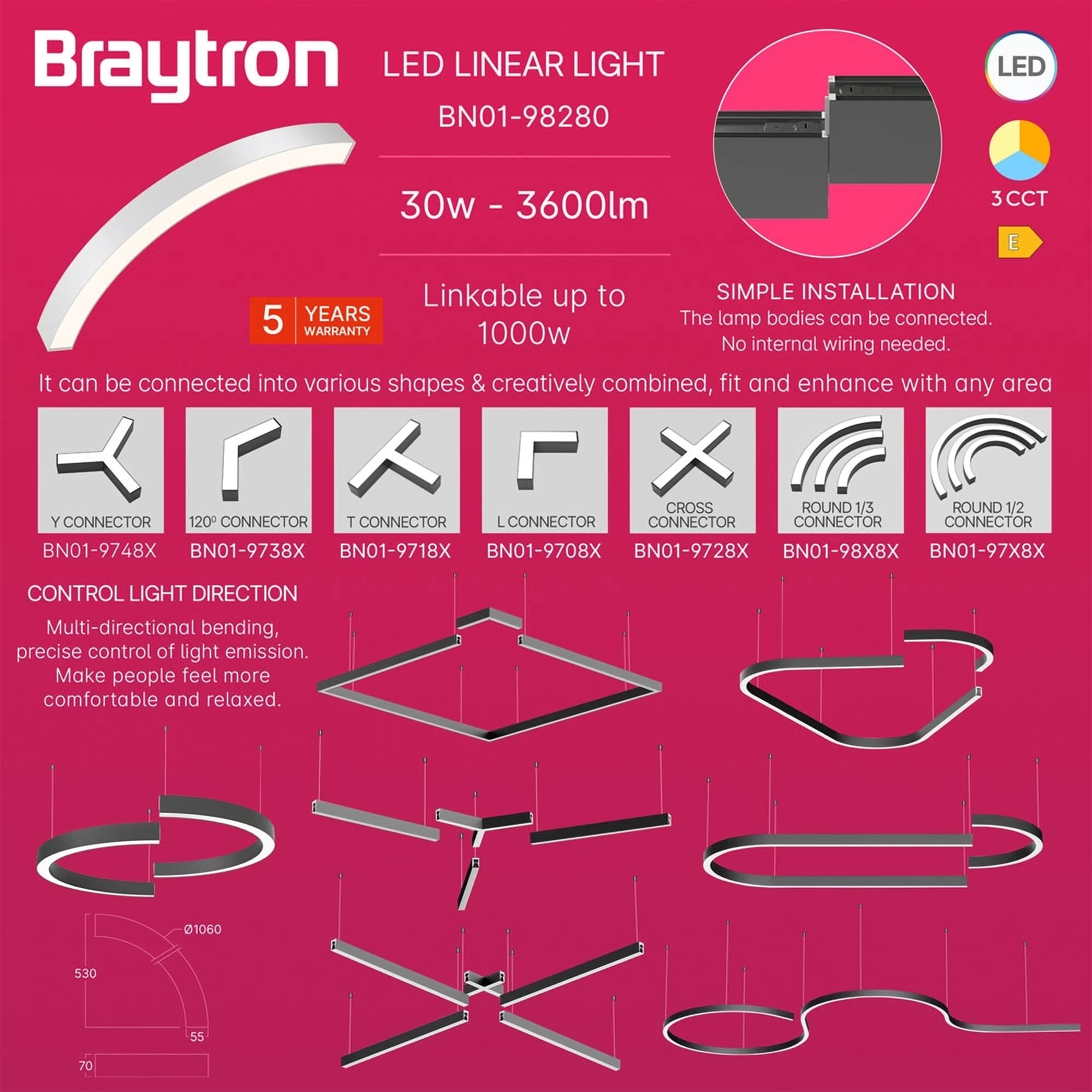 LED LINEARNA SVETILJKA CETVRT KRUGA 30W BELI CCT IP20 — slika 3
