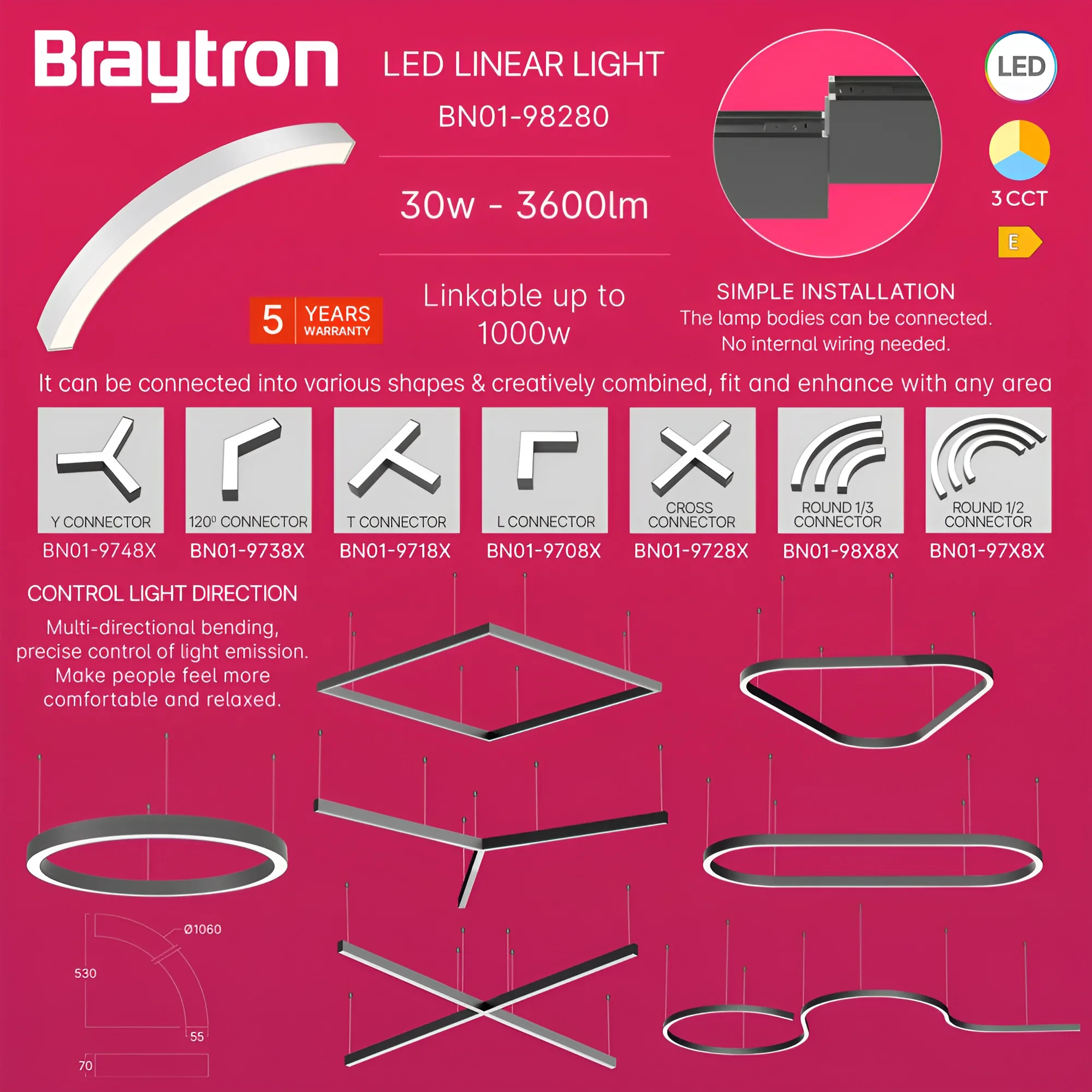 LED LINEARNA SVETILJKA CETVRT KRUGA 30W BELI CCT IP20 — slika 4