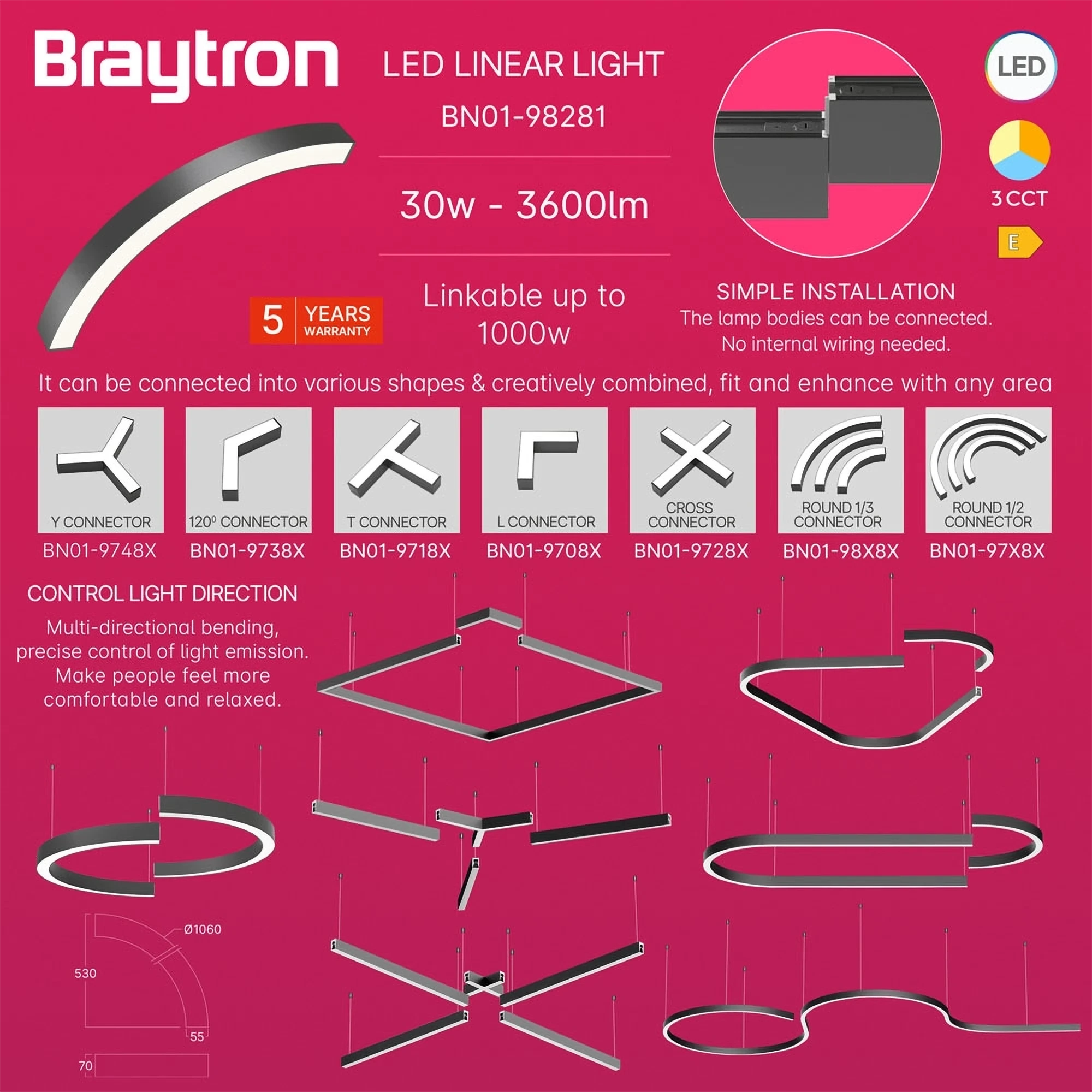 LED LINEARNA SVETILJKA CETVRT KRUGA 30W CRNI CCT IP20 — slika 3