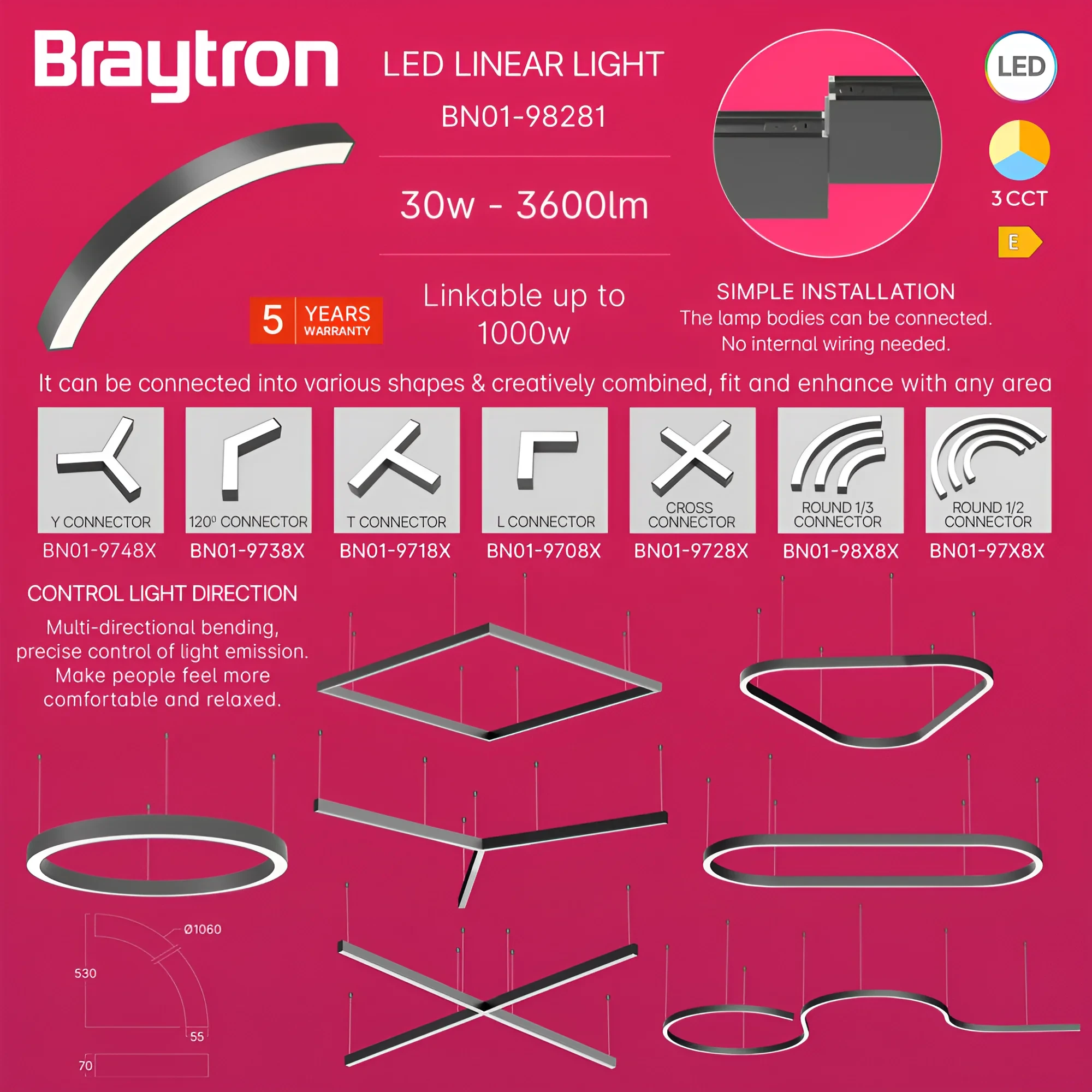 LED LINEARNA SVETILJKA CETVRT KRUGA 30W CRNI CCT IP20 — slika 4