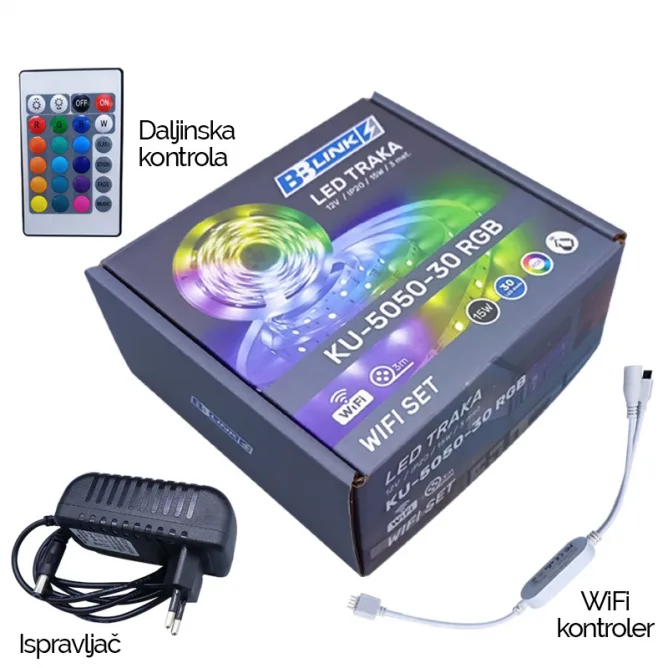 LED TRAKA 12V 15W/M RGB IP20 WIFI SET (KU-5050-30 RGB, 3M) — slika 2