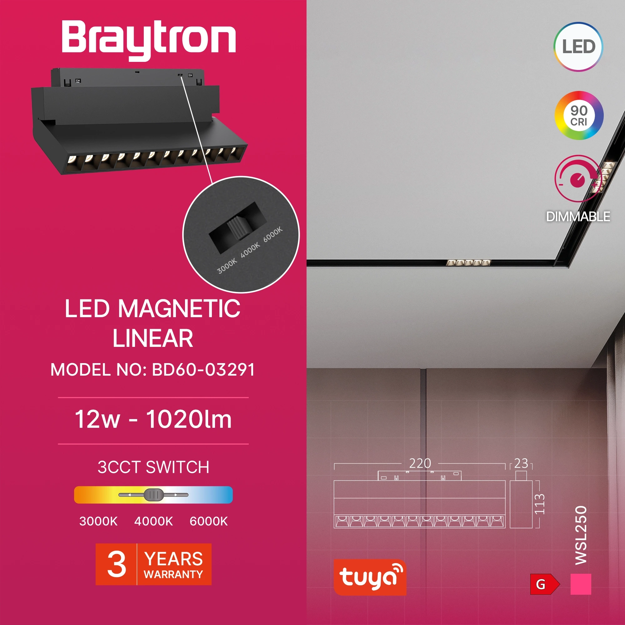 MAGNETNA LINEARNA SVETILJKA 12W CRNA 48VDC CCT DIMABILNA TUYA — slika 3