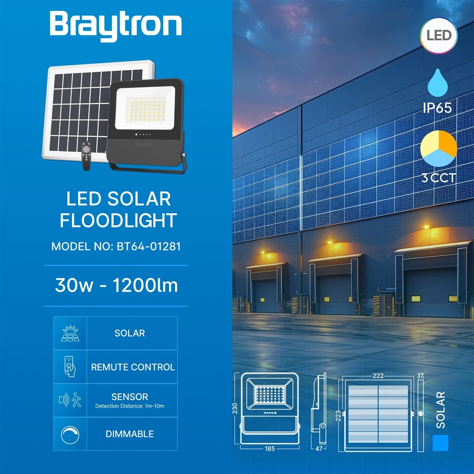 SOLARNI LED REFLEKTOR 30W CCT DALJINSKI IP65 — slika 3