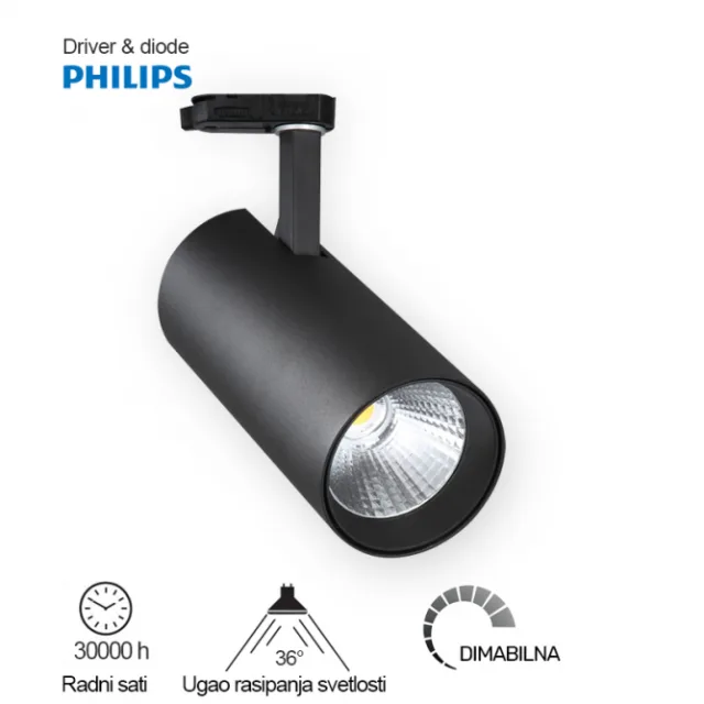 LED REFLEKTOR ŠINSKI DIM JM 4071 30W 3000K 36° CRNI TROSTEPENI