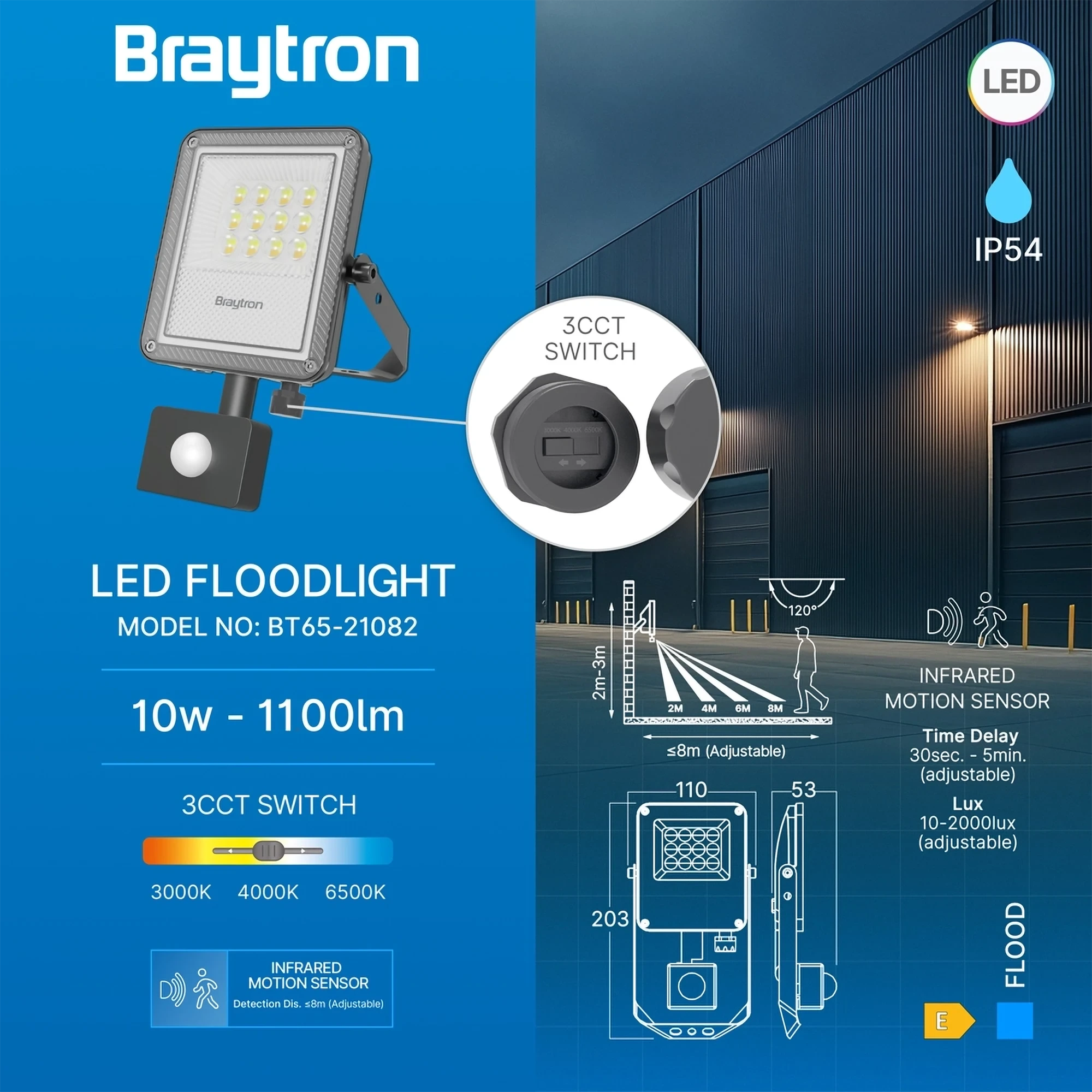 LED REFLEKTOR 10W SIVI CCT IP65 SA SENZOROM — slika 3