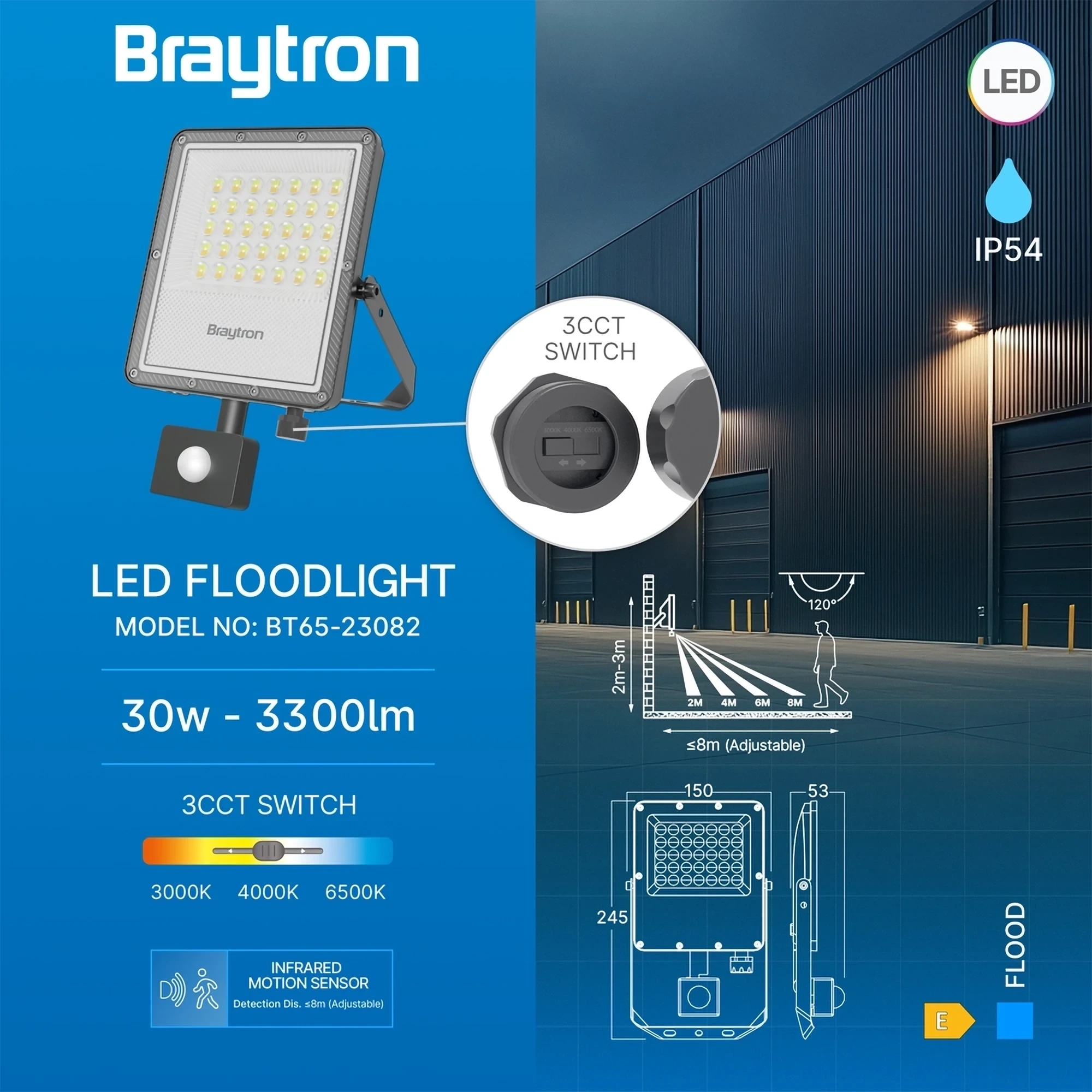 LED REFLEKTOR 30W SIVI CCT IP65 SA SENZOROM — slika 3