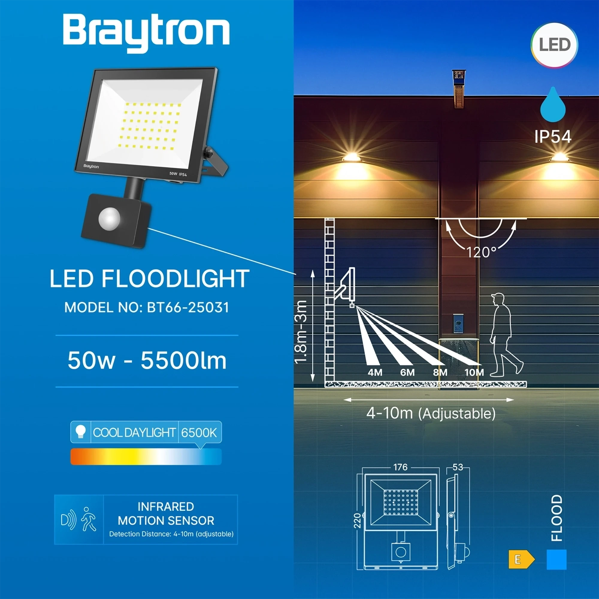 LED REFLEKTOR 50W CRNI 6500K IP54 SA SENZOROM — slika 3