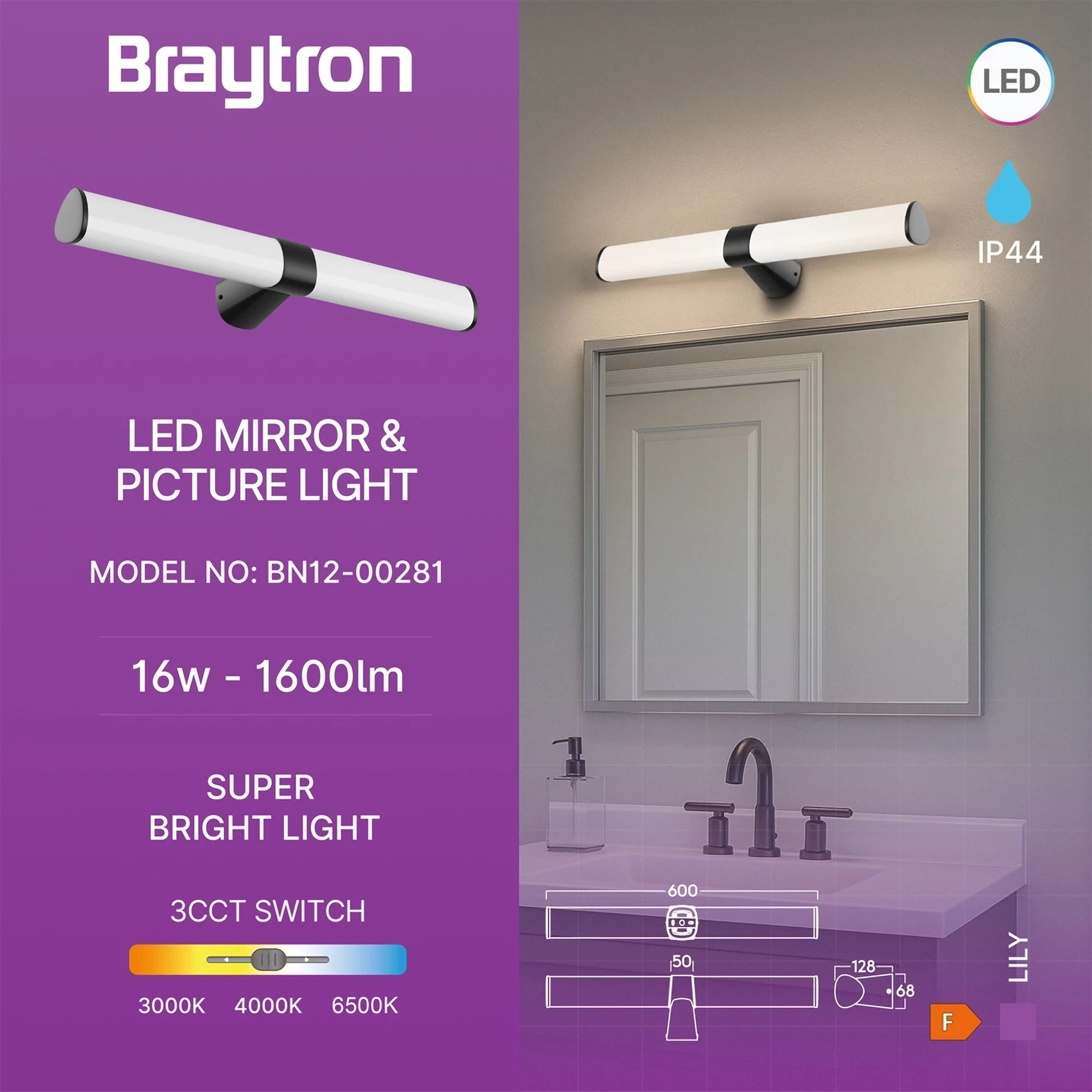 LED LAMPA ZA OGLEDALO 600MM 16W CRNI CCT IP44 — slika 3