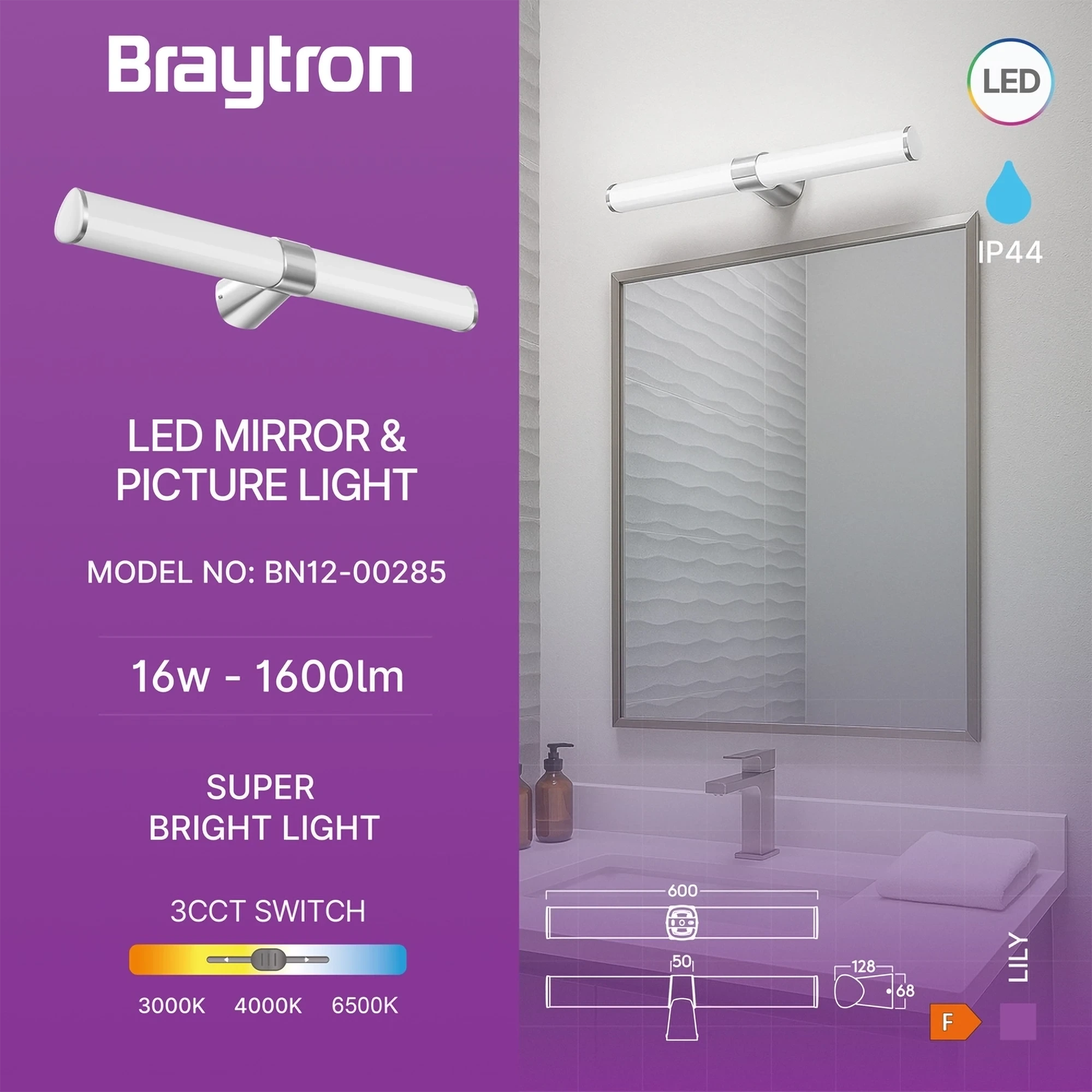 LED LAMPA ZA OGLEDALO 600MM 16W HROM CCT IP44 — slika 3