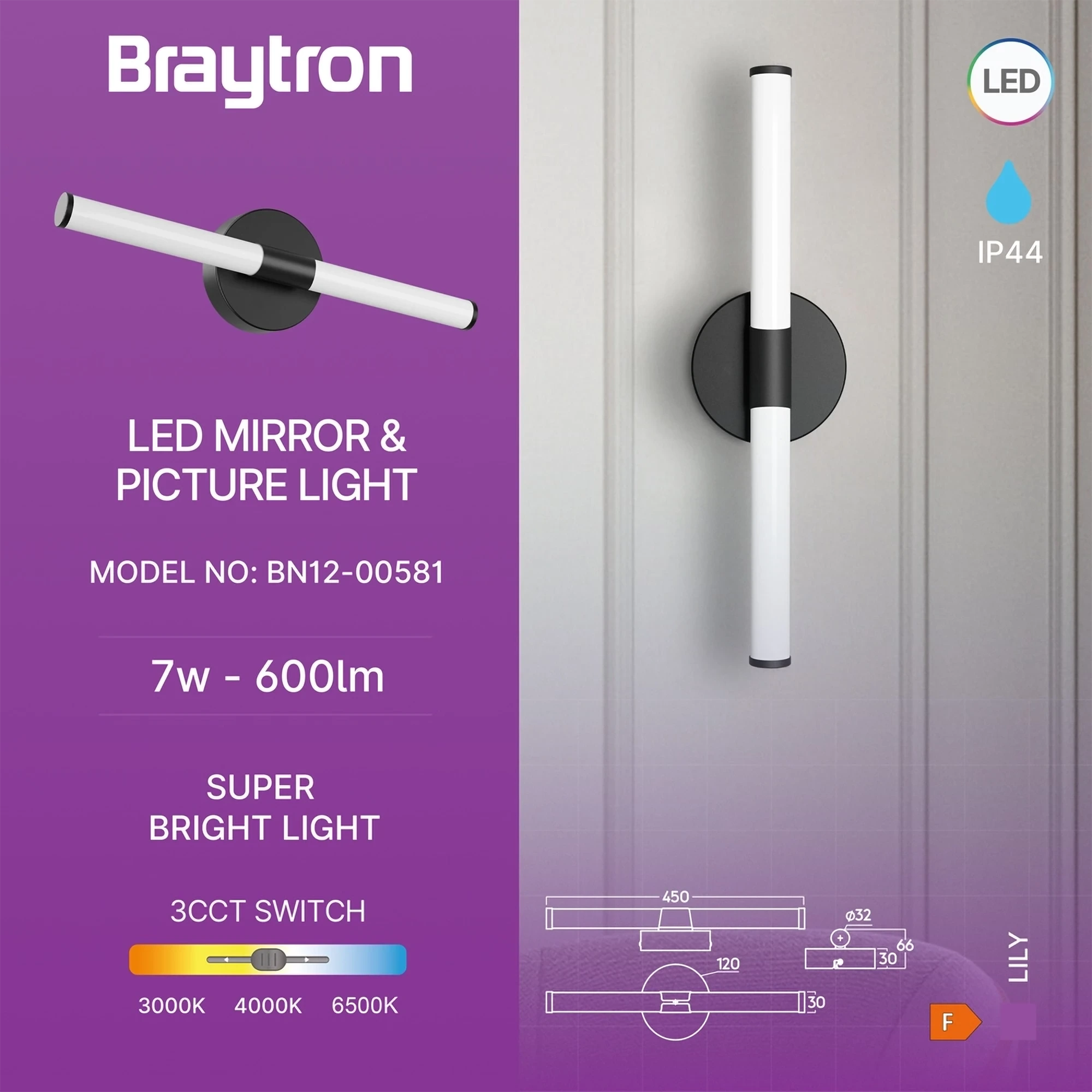 LED LAMPA ZA OGLEDALO 450MM 7W CRNI CCT IP44 — slika 3