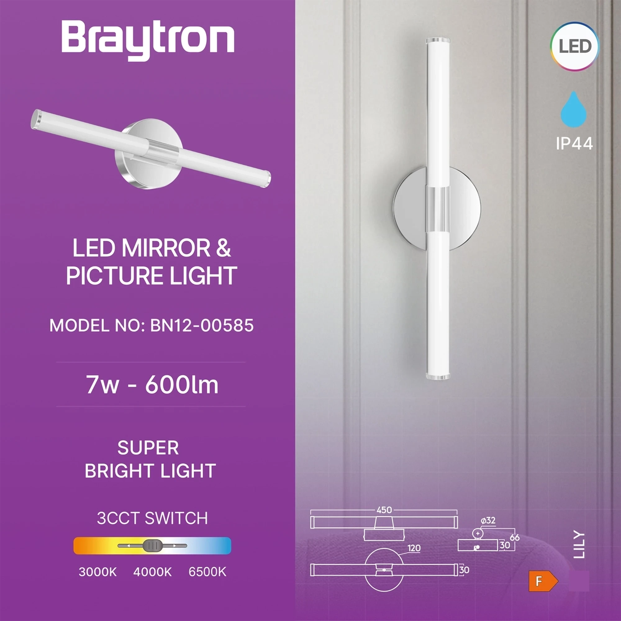 LED LAMPA ZA OGLEDALO 450MM 7W HROM CCT IP44 — slika 3