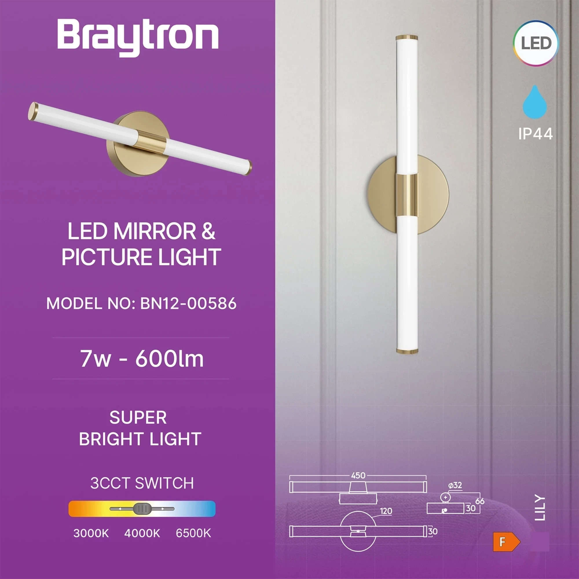 LED LAMPA ZA OGLEDALO 450MM 7W ZLATNI CCT IP44 — slika 3