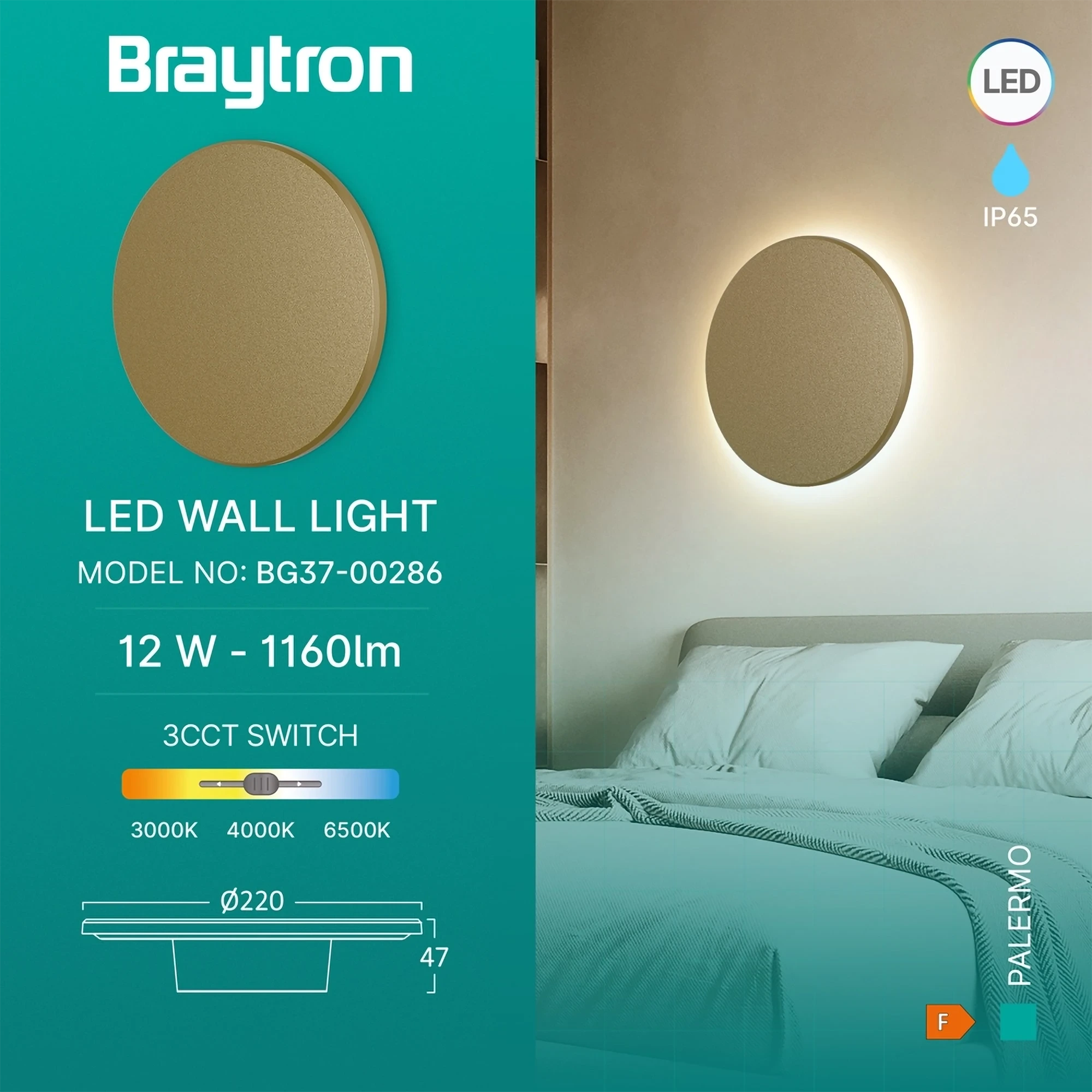 LED ZIDNA SVETILJKA OKRUGLA 12W ZLATNI CCT IP65 — slika 3