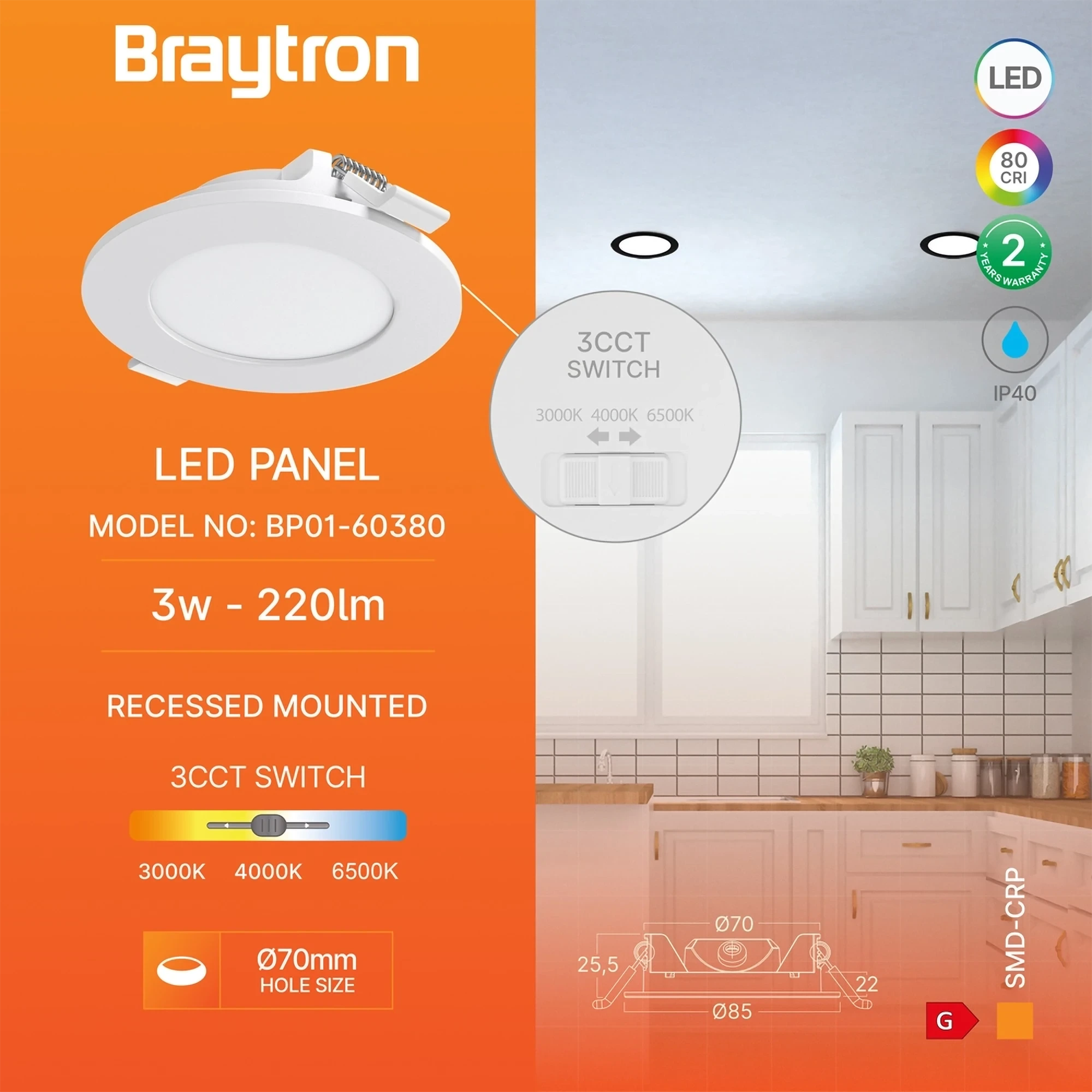 LED PANEL UGRADNI OKRUGLI 3" 3W BELI CCT — slika 3