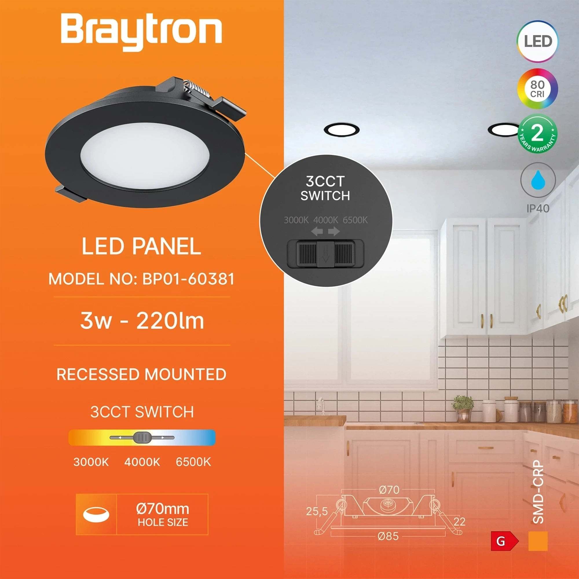 LED PANEL UGRADNI OKRUGLI 3" 3W CRNI CCT — slika 3