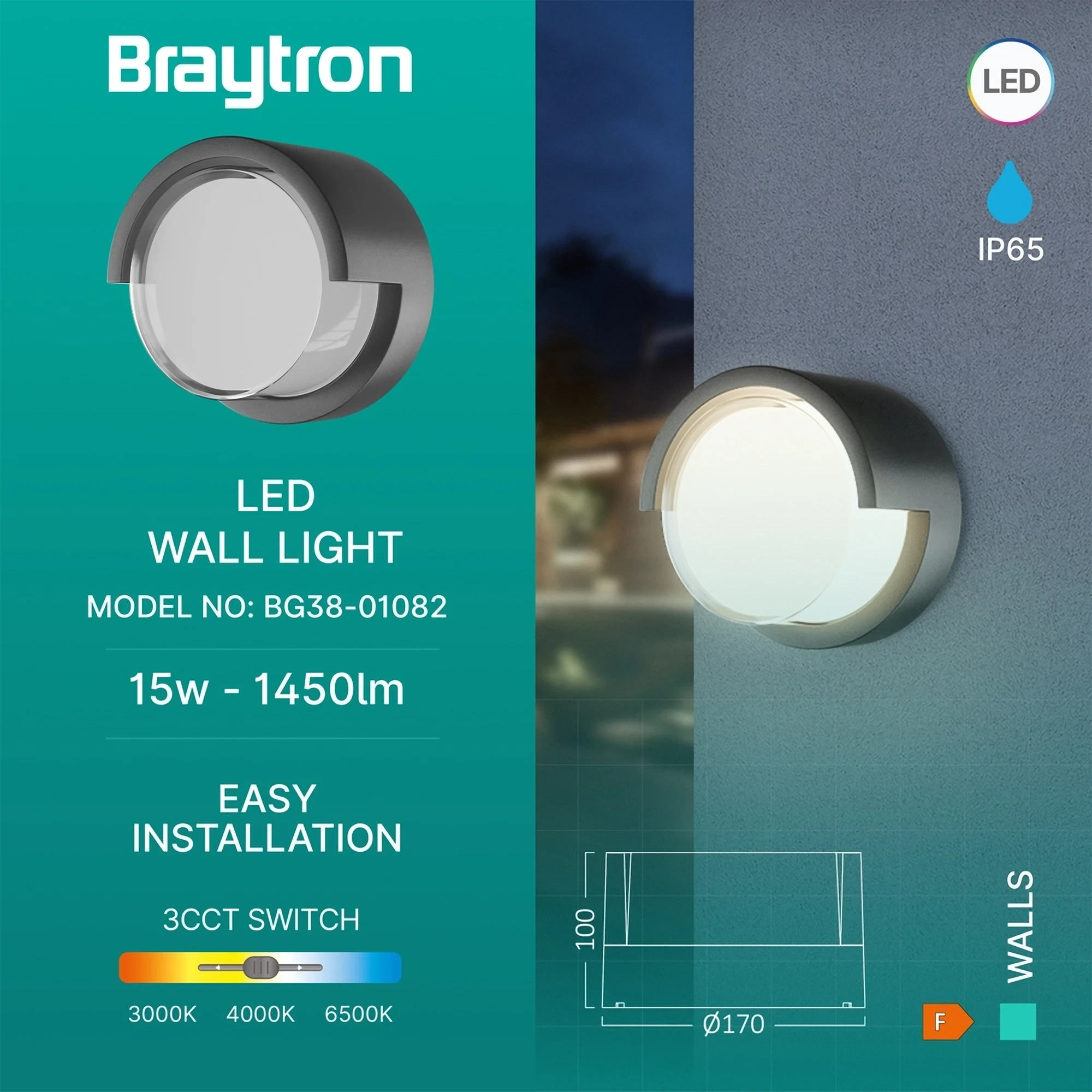 LED ZIDNA SVETILJKA OKRUGLA 15W SIVI CCT IP65 — slika 3
