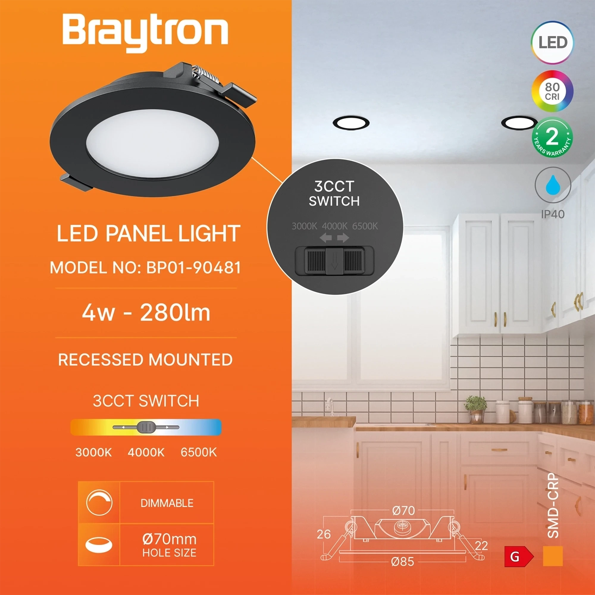 LED PANEL UGRADNI OKRUGLI 3" 4W CRNI CCT — slika 3