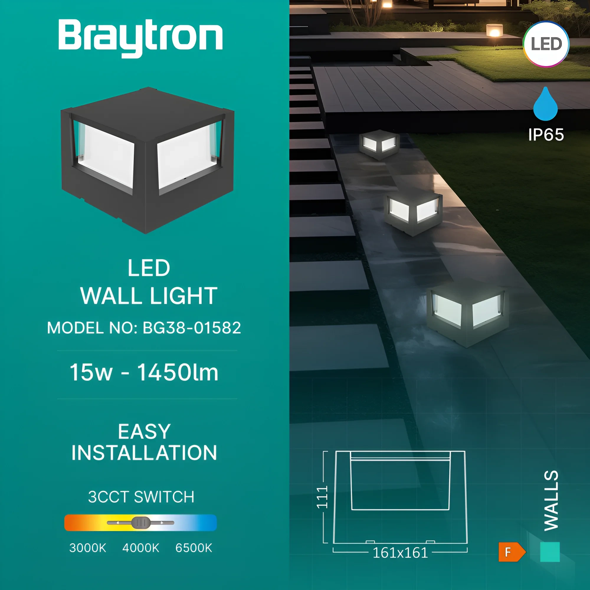 LED ZIDNA SVETILJKA KVADRATNA 15W SIVI CCT IP65 — slika 3