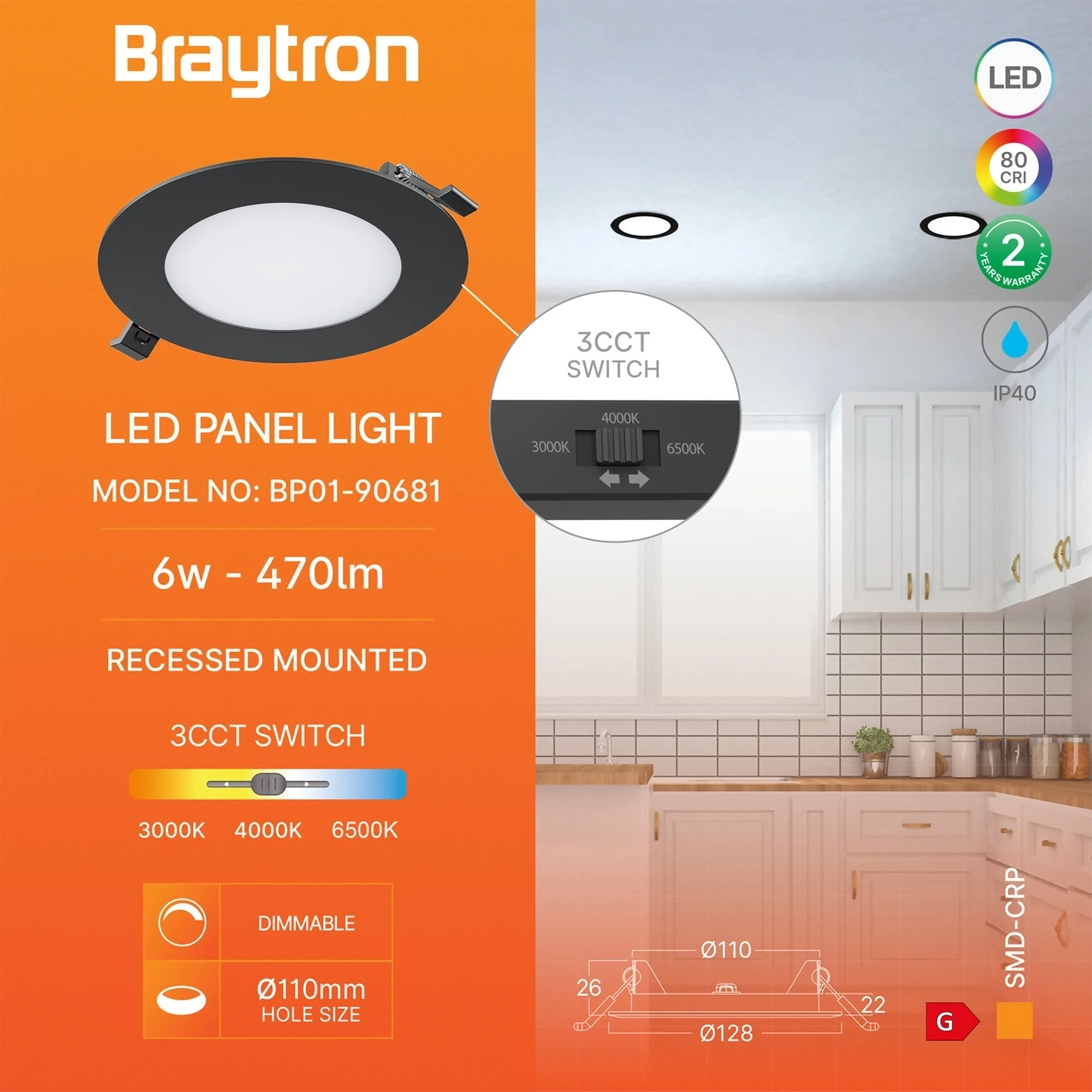 LED PANEL UGRADNI OKRUGLI 4" 6W CRNI CCT — slika 3