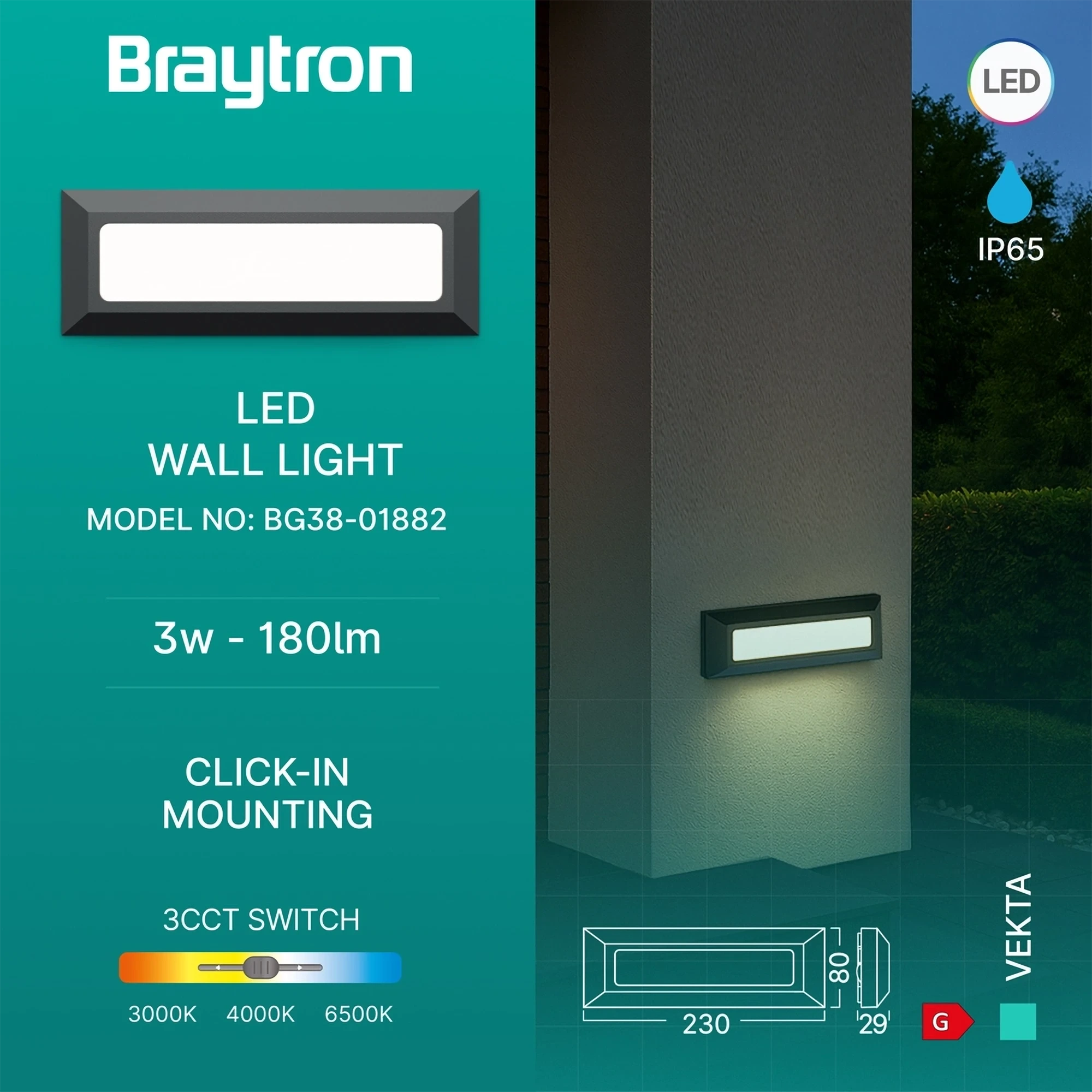 LED ZIDNA SVETILJKA PRAVOUGAONA 3W SIVI CCT IP65 — slika 3