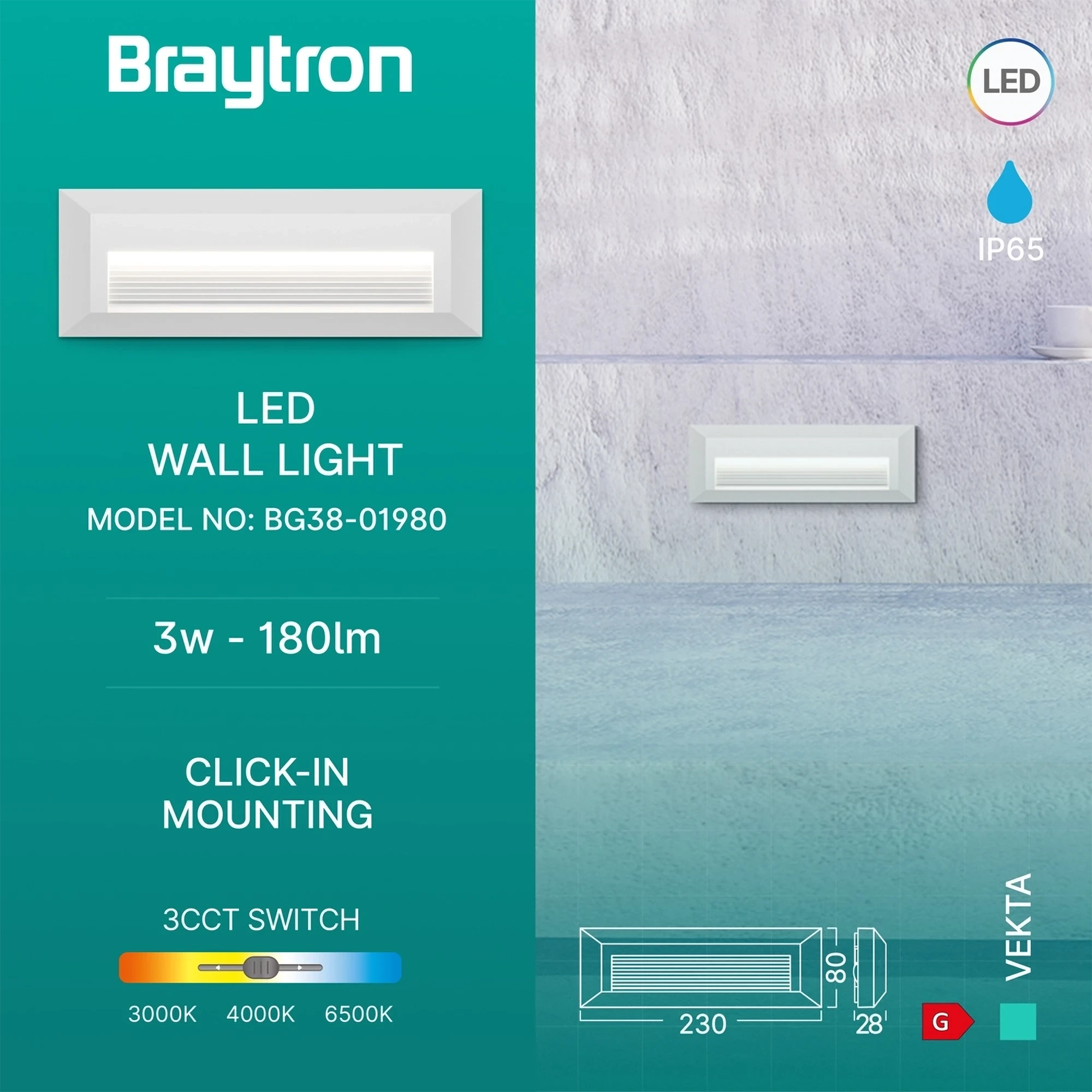 LED ZIDNA SVETILJKA PRAVOUGAONA 3W BELI CCT IP65 — slika 3