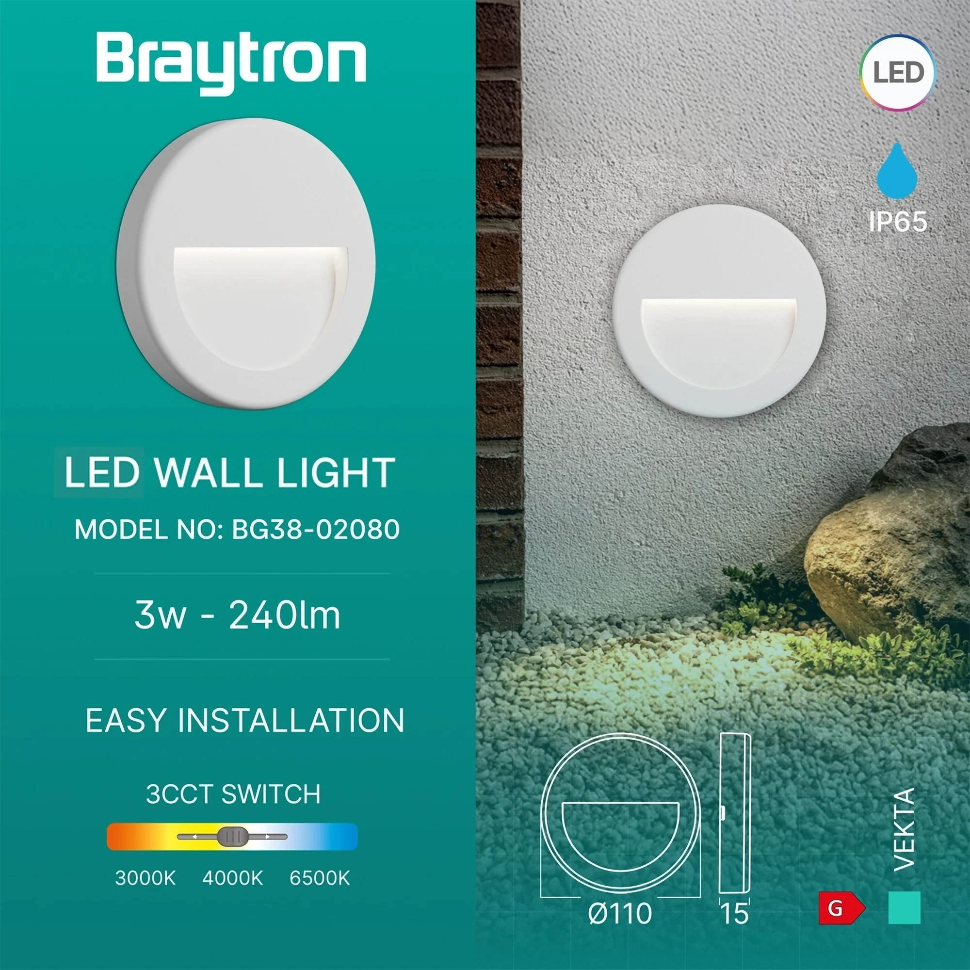 LED ZIDNA SVETILJKA OKRUGLA 3W BELI CCT IP65 — slika 3