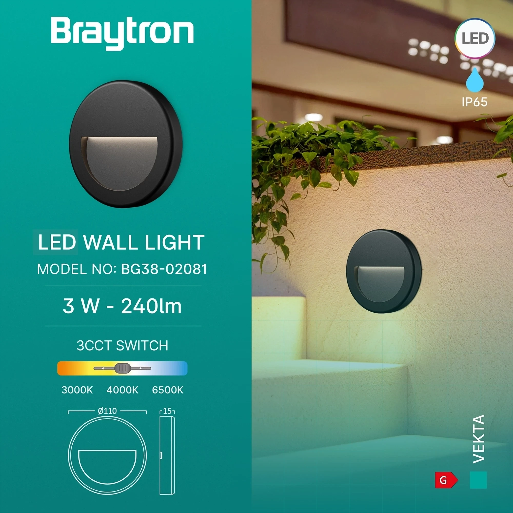 LED ZIDNA SVETILJKA OKRUGLA 3W CRNA CCT IP65 — slika 3