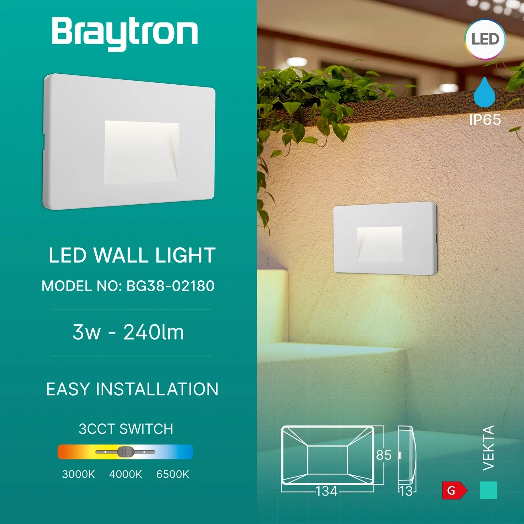 LED ZIDNA SVETILJKA KVADRATNA 3W BELI CCT IP65 — slika 3