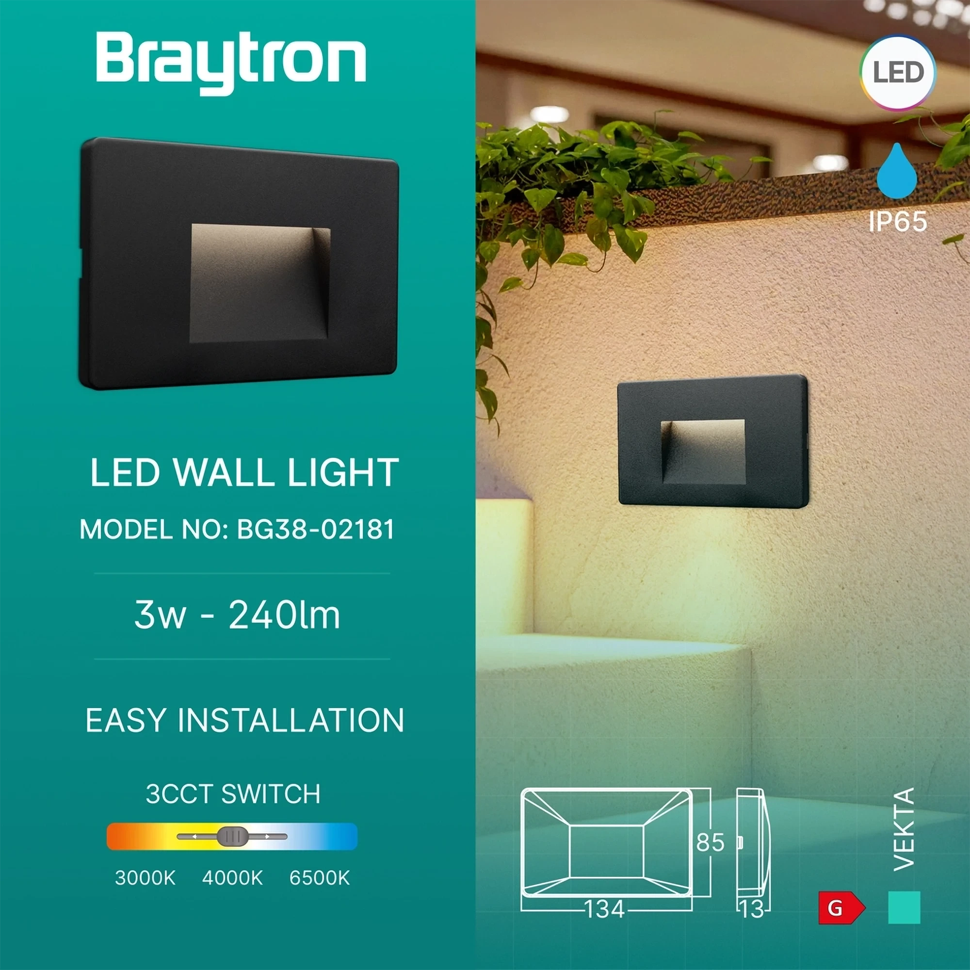 LED ZIDNA SVETILJKA KVADRATNA 3W CRNI CCT IP65 — slika 3