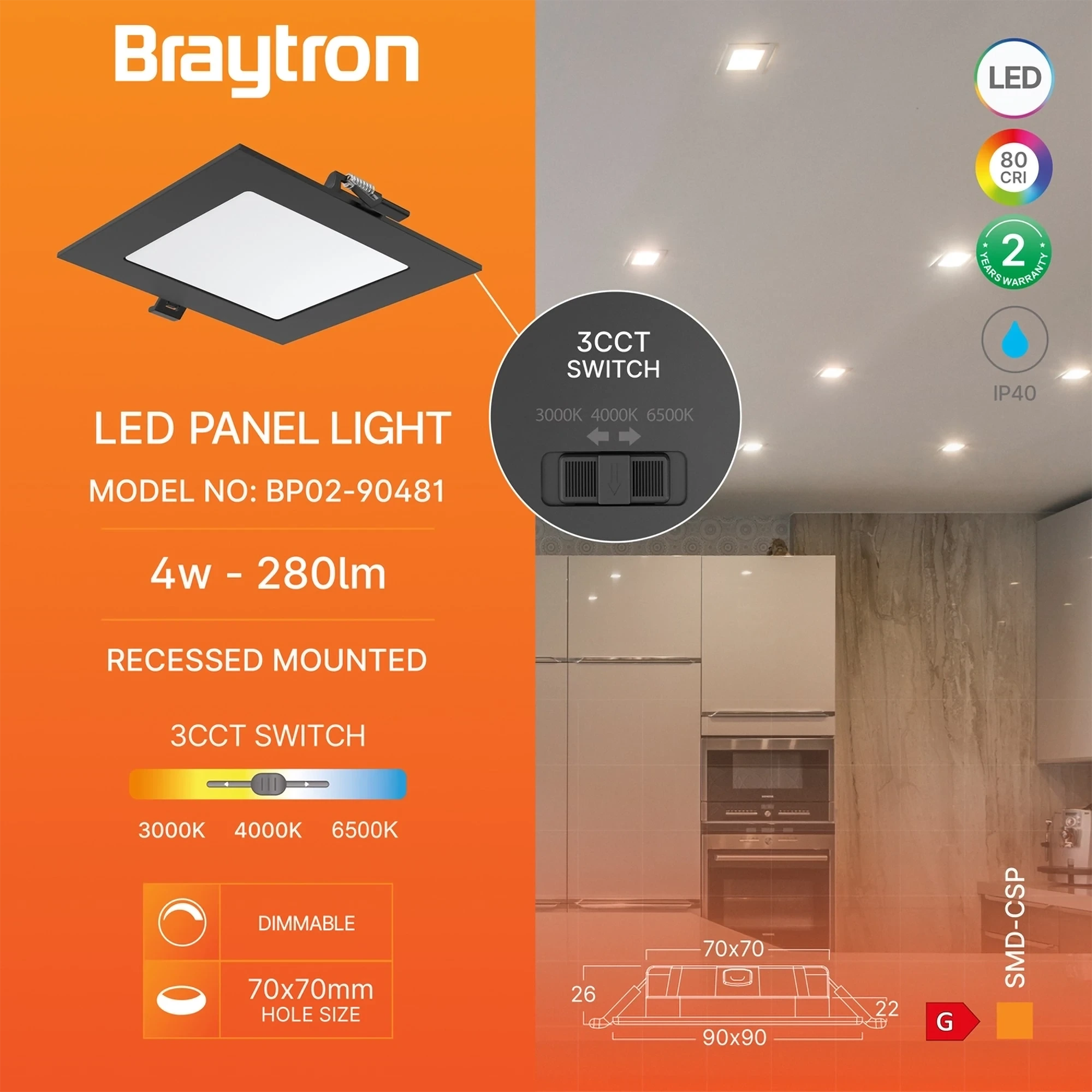 LED PANEL UGRADNI KVADRATNI 3" 4W CRNI CCT — slika 3