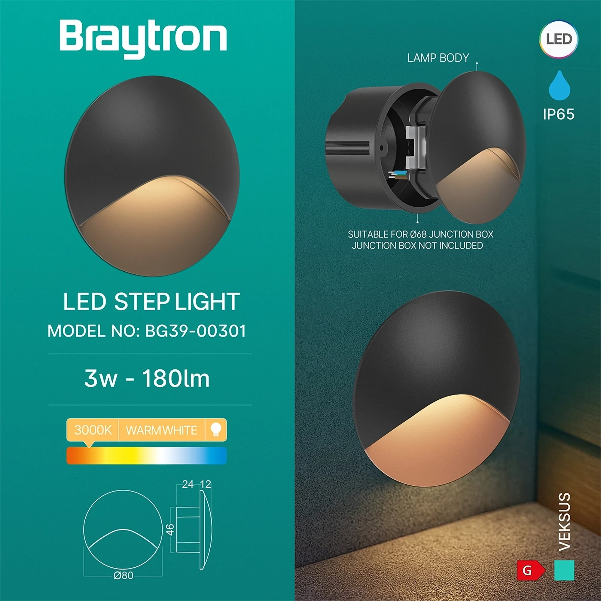 LED ZIDNA SVETILJKA VEKSUS 3W CRNA 3000K IP65 — slika 3
