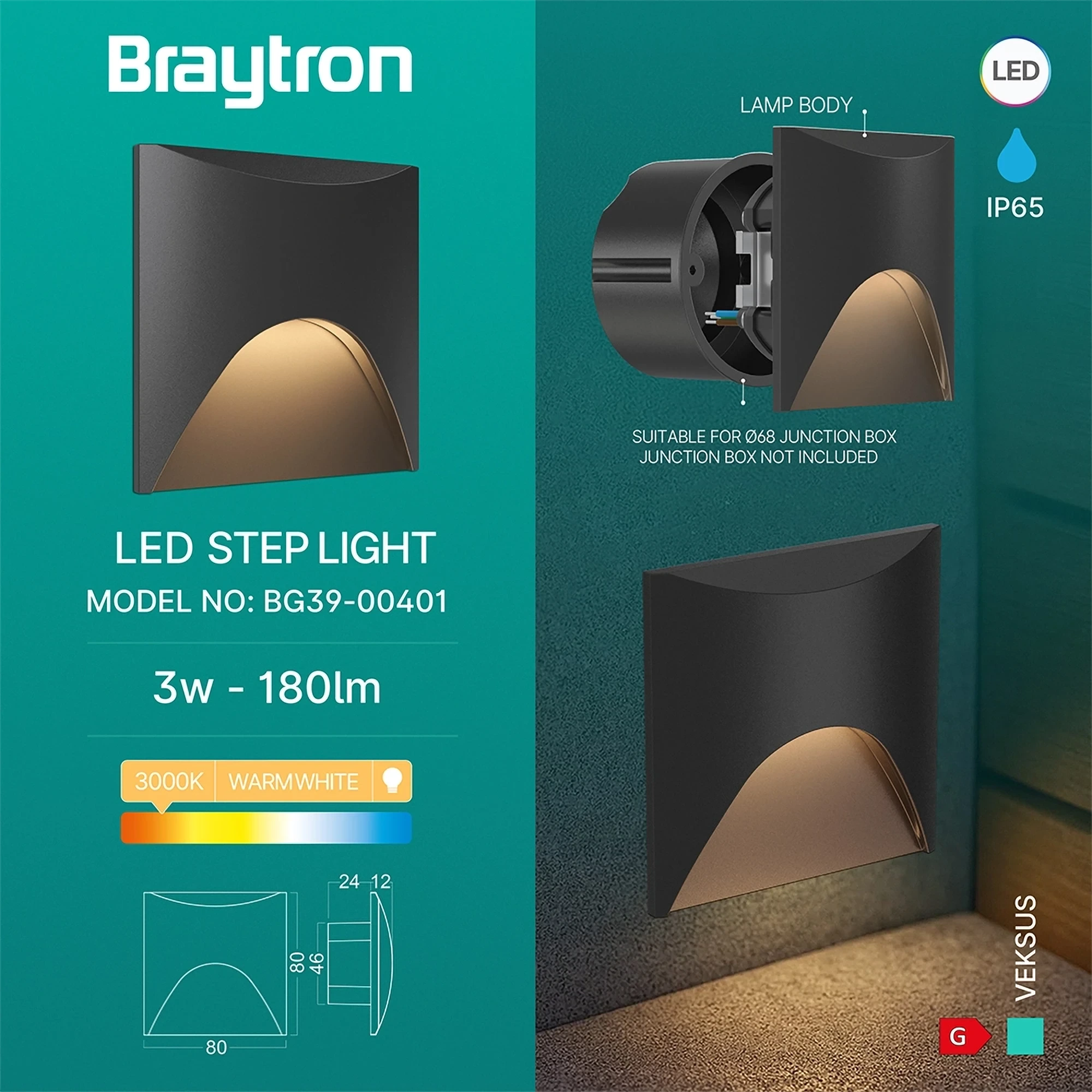 LED ZIDNA SVETILJKA VEKSUS 3W CRNA 3000K IP65 — slika 3